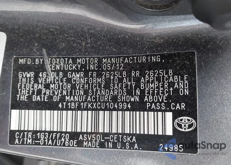 2012 Toyota Camry Se from USA, damaged, VIN 4T1BF1FKXCU104994
